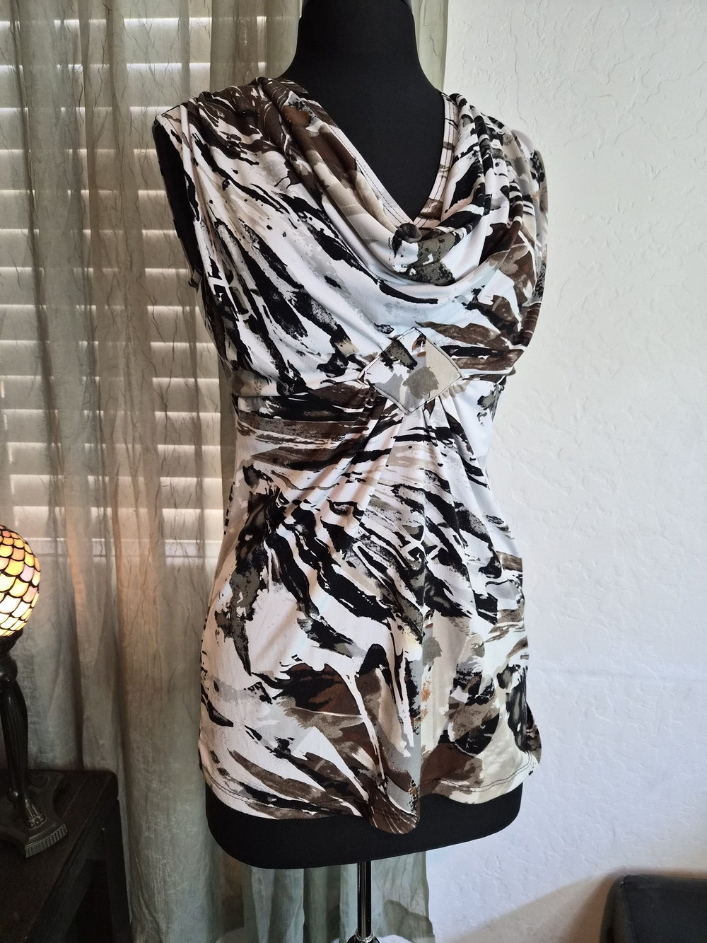 Sleeveless Draped Cowl Neck Blouse in White and Brown Brushstroke Design #0233